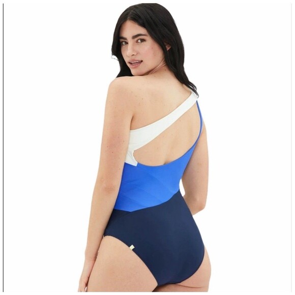 Summersalt Women’s 12 Sidestroke One Shoulder One Piece Swimsuit Blue Stripe - Picture 2 of 8
